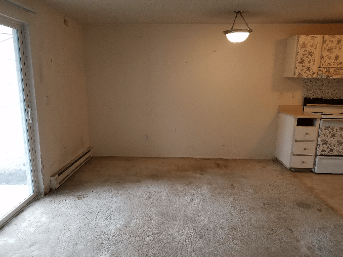 Room with stained carpet, wall, kitchen cabinets and stove. Sliding glass door on left. Ceiling light.