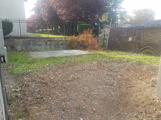 Gravel driveway leading to a concrete patio and a fenced-in yard with trees and a building in the background.